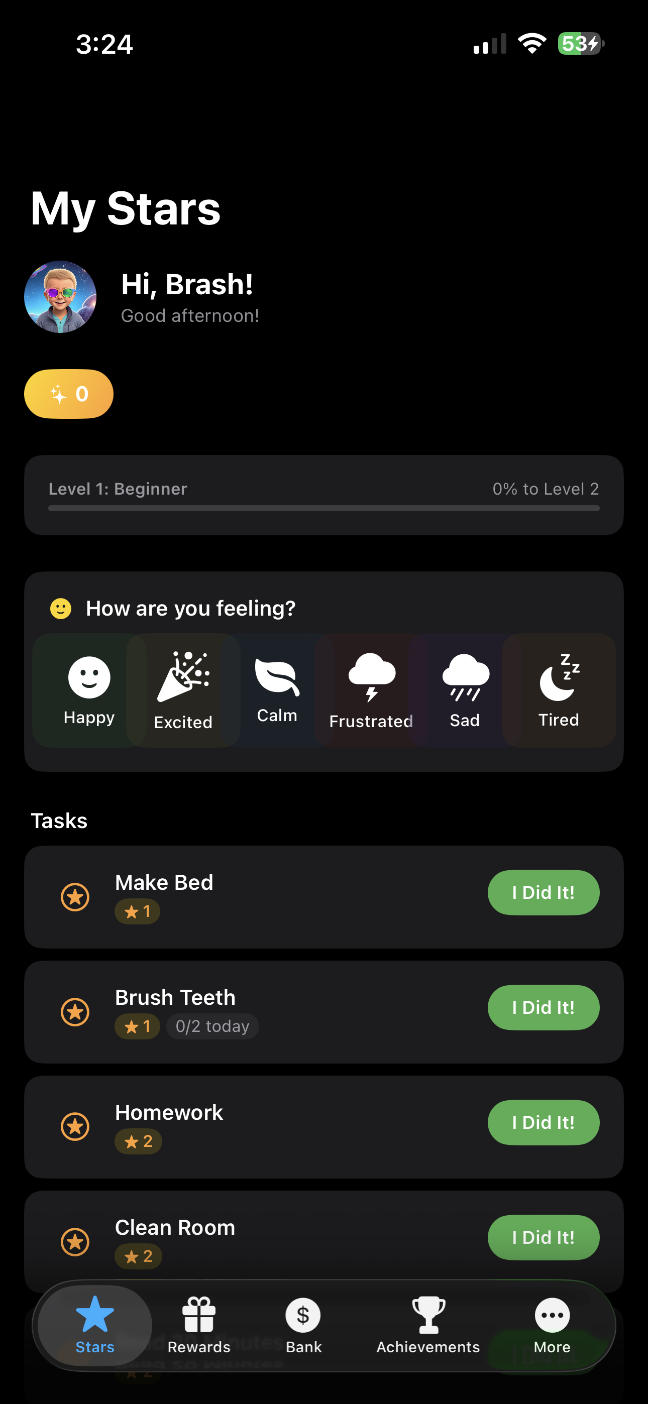 Kudos Chart Stars tab showing tasks and star balance