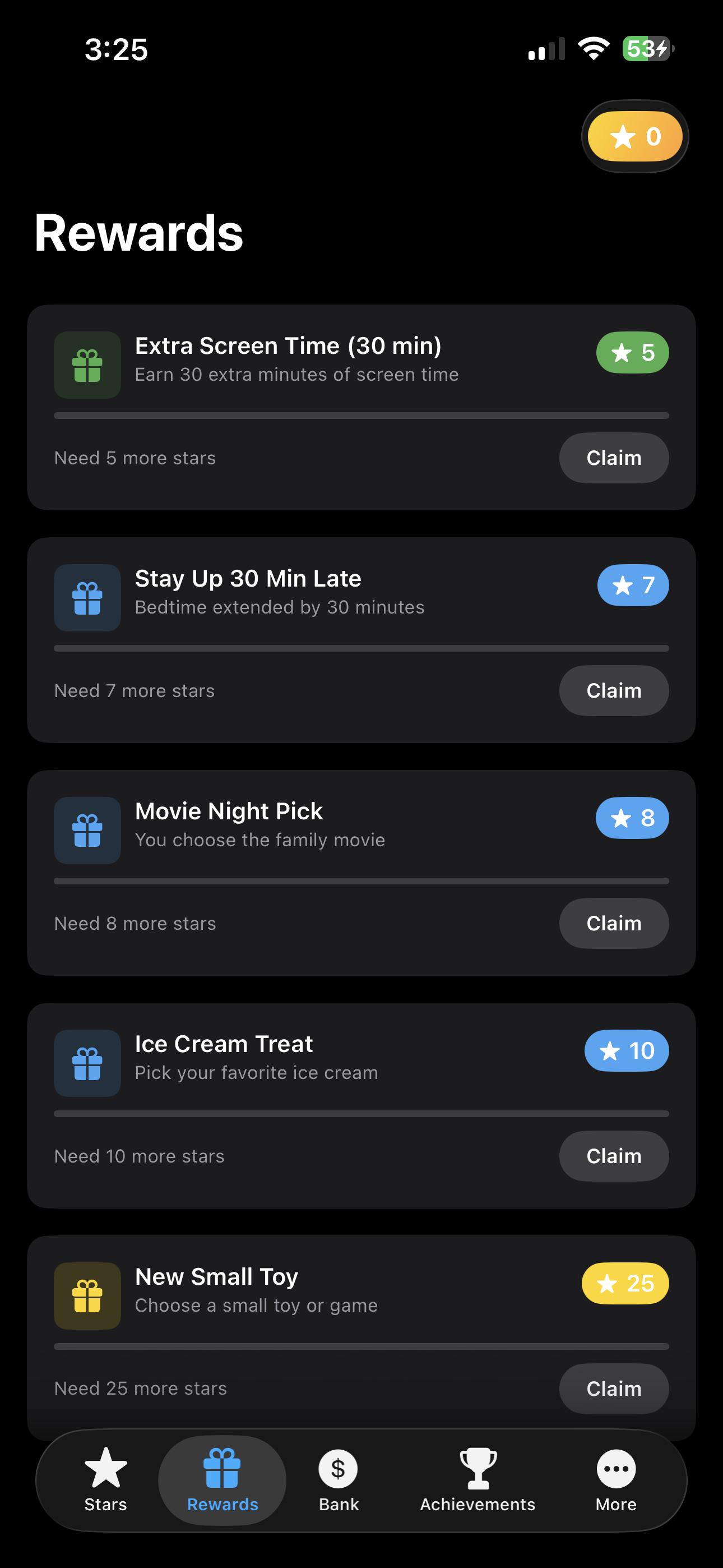 Rewards tab — redeem stars for rewards